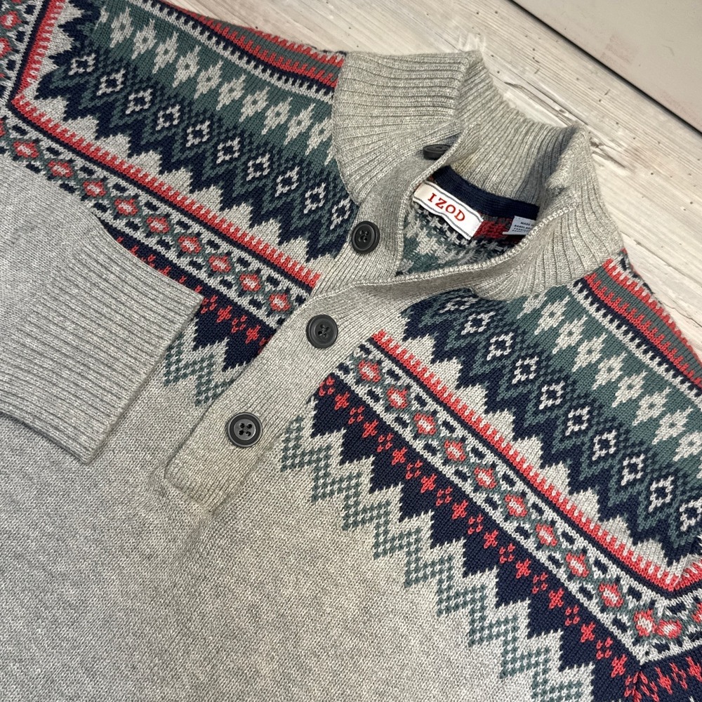 IZOD Mens XL Sweater Fair Isle‎ Pullover 1/4 button up Knitted